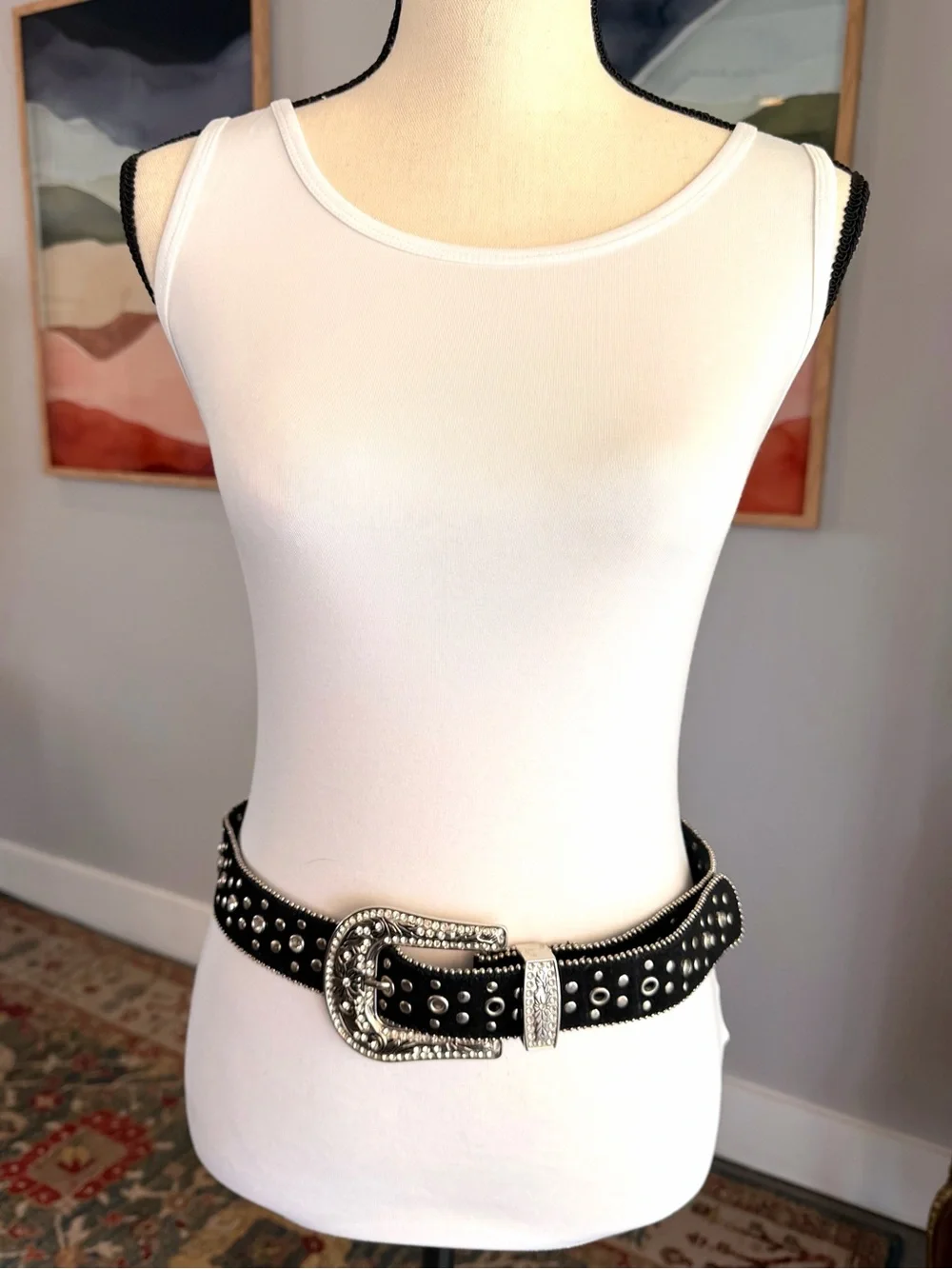 Black Western Rhinestone Studded Belt with Decorative Silver Buckle